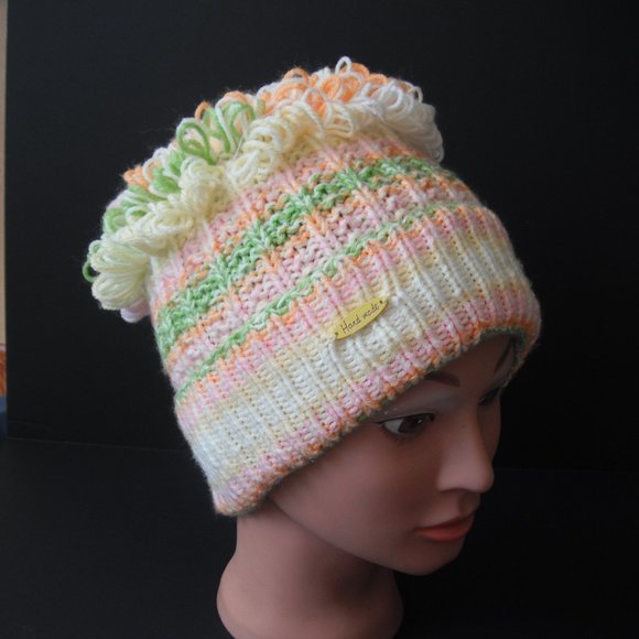 Hand Knitted Hat Toque Adult Size - L-M  Acrylic Pink/Yellow 026 Hand knit by me - Picture 2 of 7